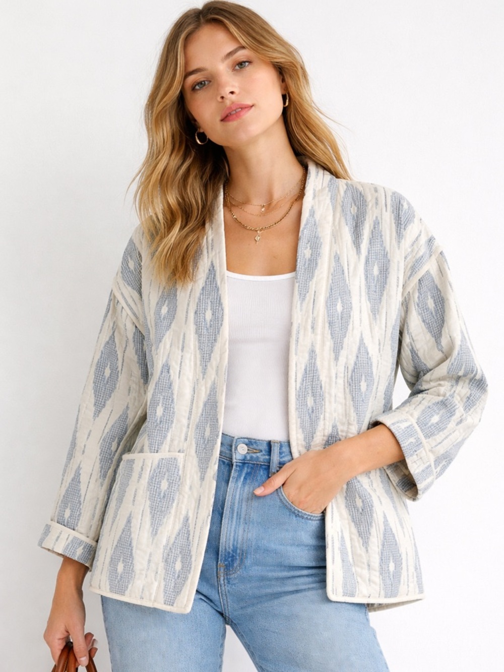Zara Quilted Ikat Jacket Blue White Boho Kimono Cardigan Cropped Pockets